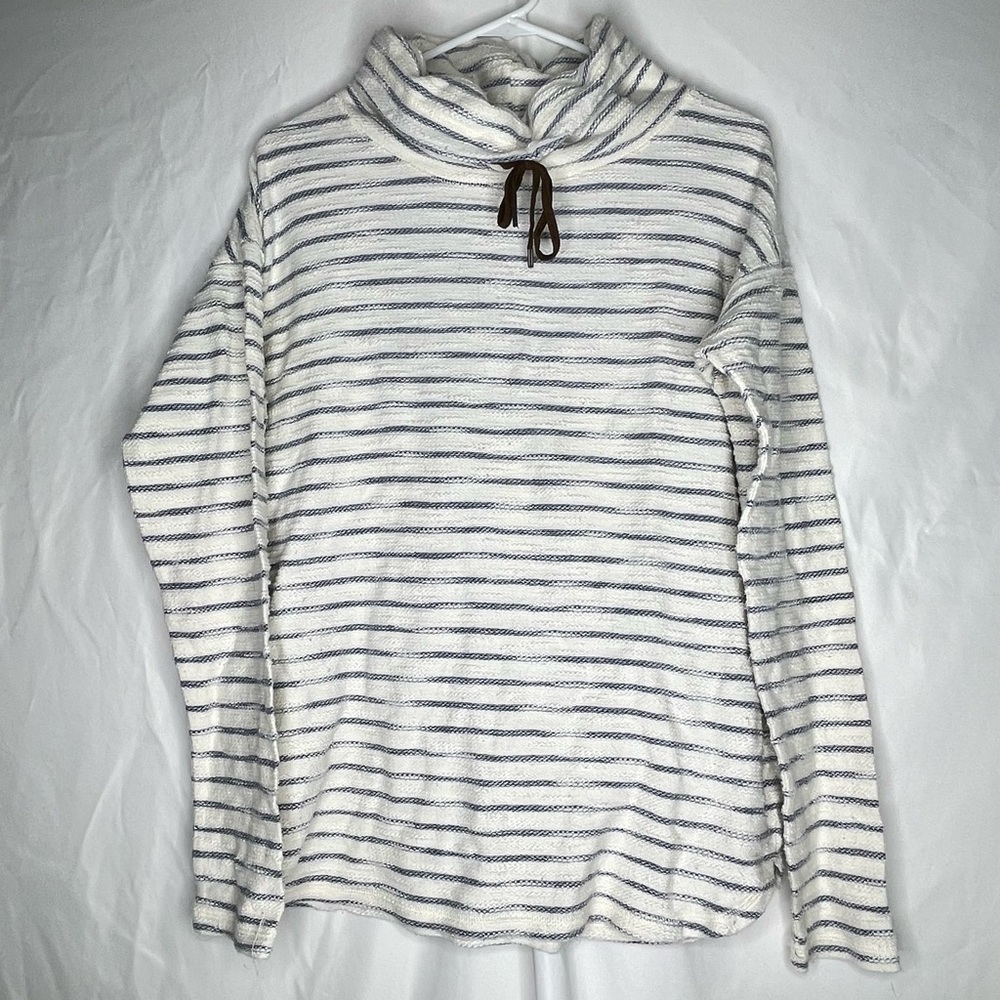 Chaps Blue White Striped Long Sleeve Cowl Neck Brown Collar Tie Shirt Top M